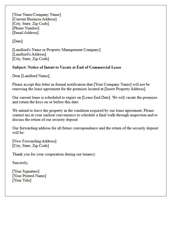 Subject: Notice of Intent to Vacate at End of Commercial Lease