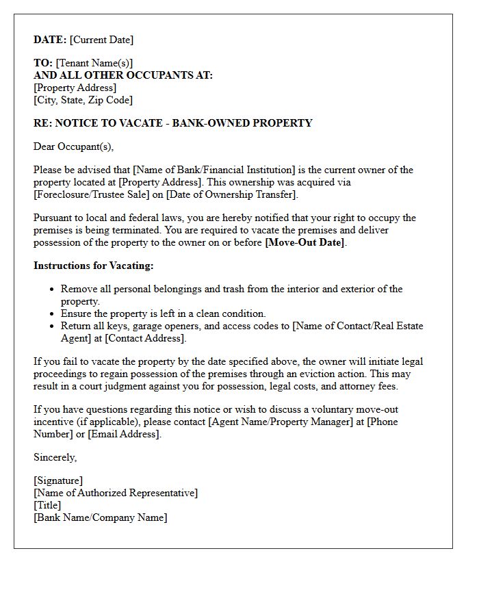 Bank-Owned Rental Property Notice to Vacate Letter