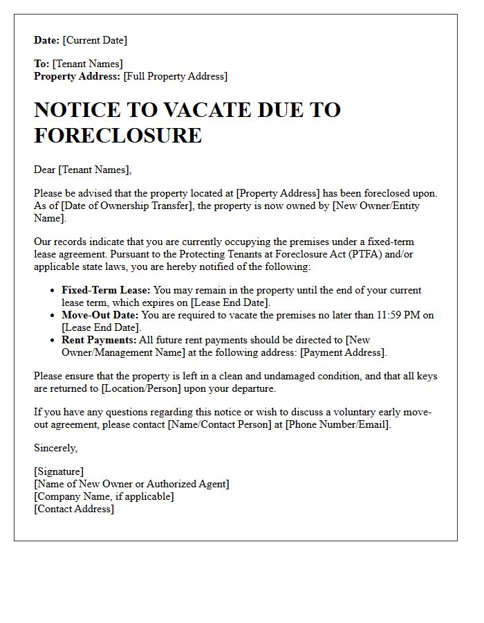 Fixed-Term Lease Foreclosure Notice to Vacate Letter