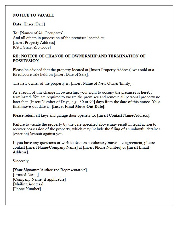 Foreclosure Change of Ownership Notice to Vacate Letter
