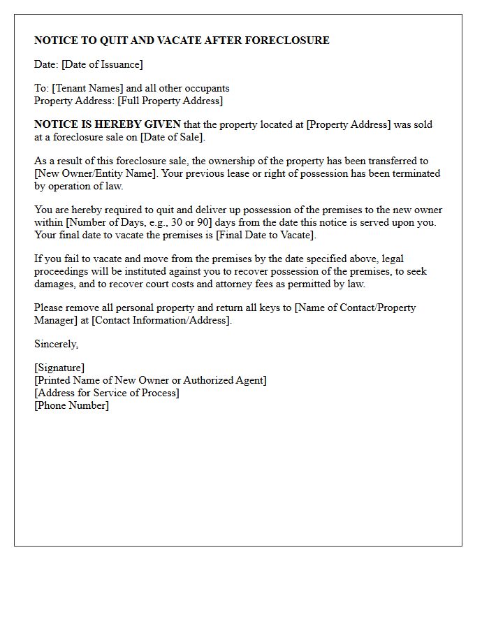 Holdover Tenant Foreclosure Eviction Notice Letter