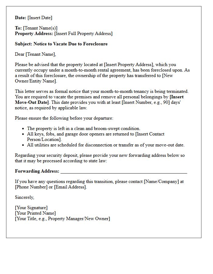 Month-to-Month Tenant Foreclosure Vacate Letter