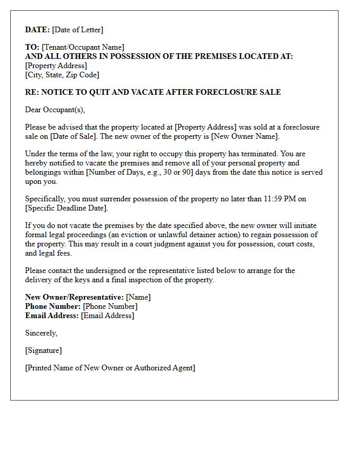New Owner Foreclosure Notice to Vacate Letter