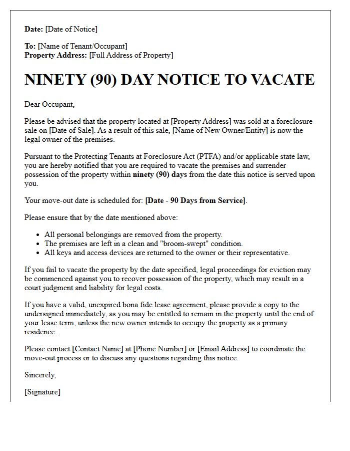 Ninety-Day Notice to Vacate Foreclosed Property Letter