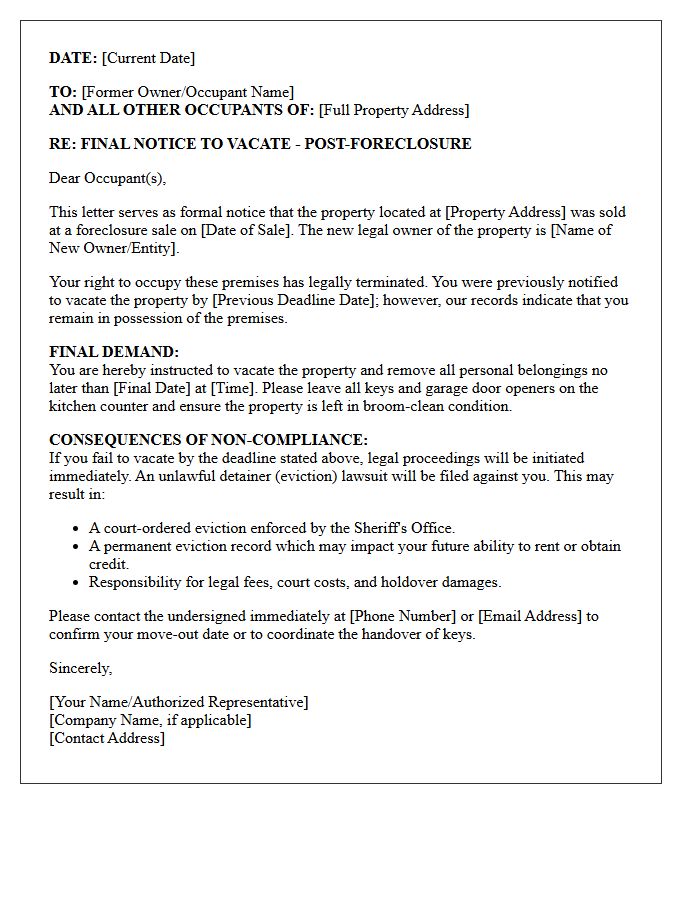 Post-Foreclosure Final Eviction Warning Letter