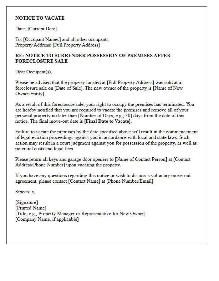 Standard Foreclosure Notice to Vacate Letter