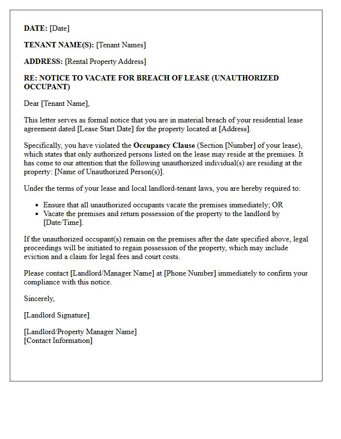 Breach of Lease Occupancy Clause Notice to Vacate Letter