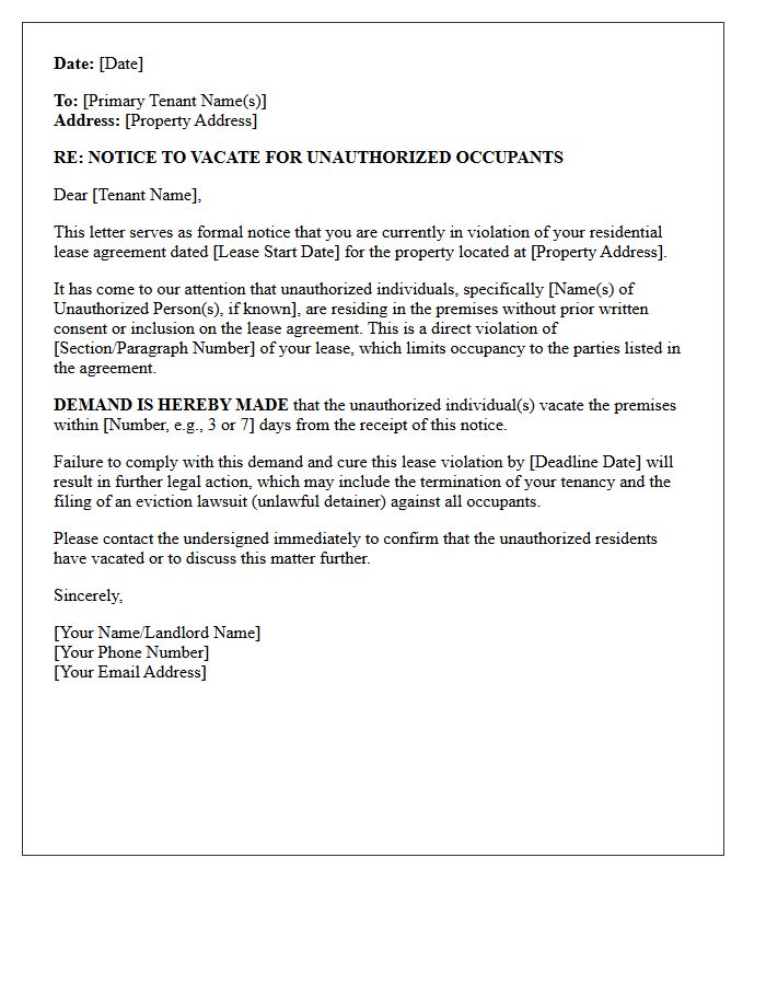 Demand to Vacate Letter for Unauthorized Additional Residents