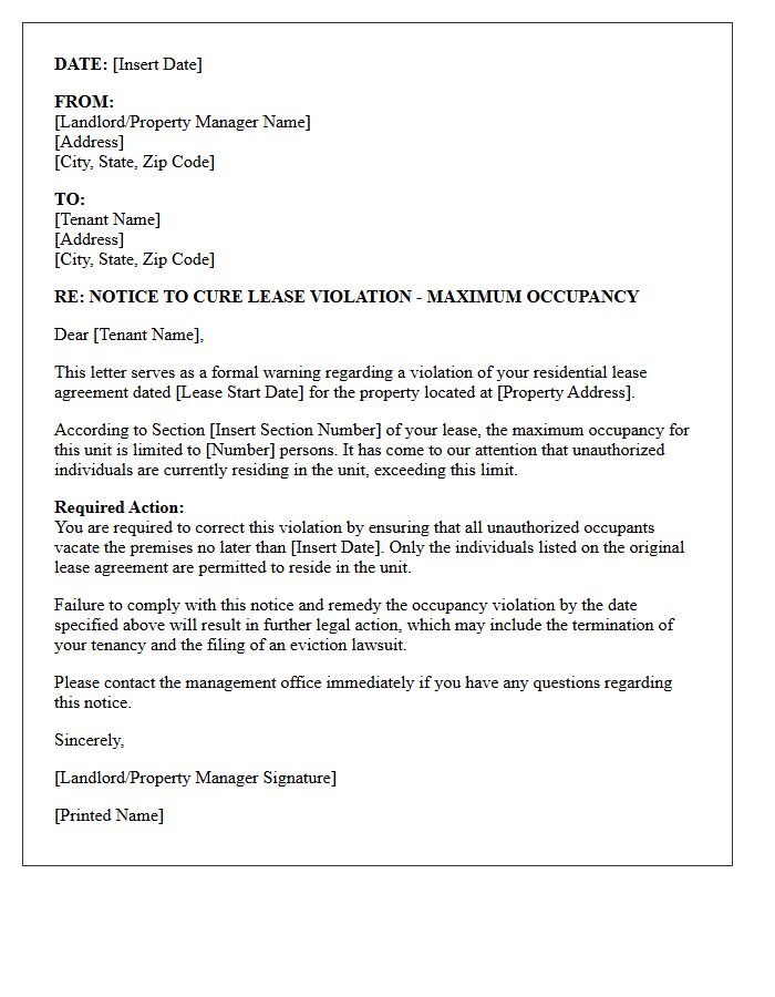 Eviction Warning Letter for Maximum Occupancy Lease Violation