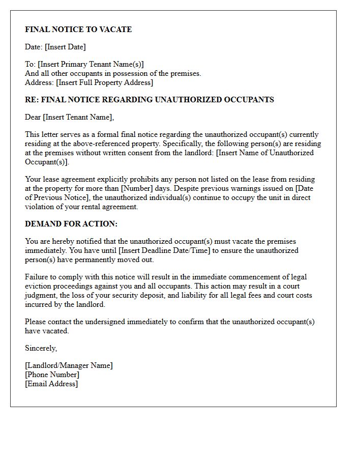 Final Notice to Vacate Letter Regarding Unauthorized Occupants