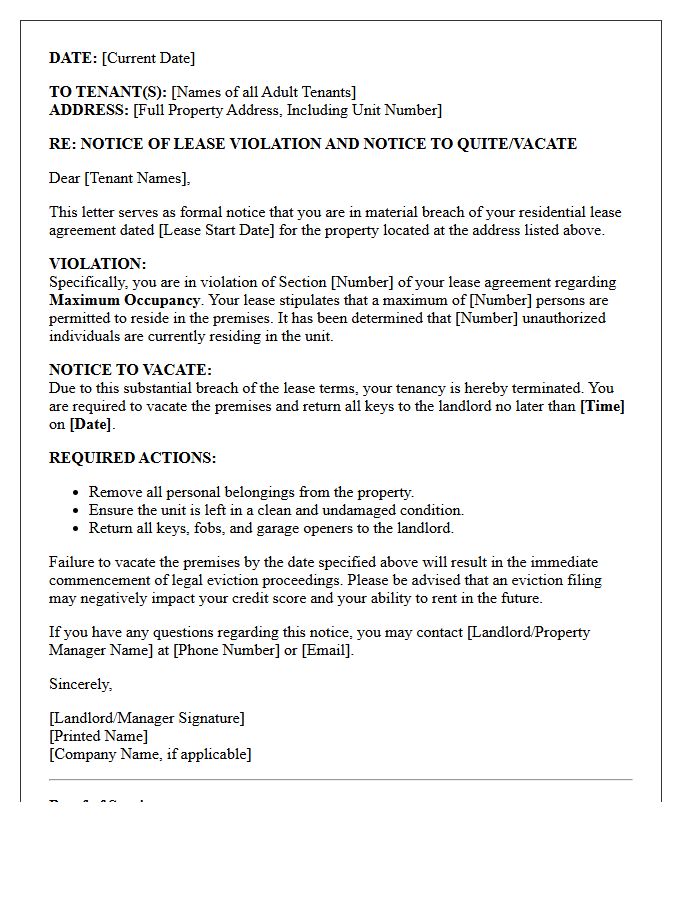 Lease Violation Letter for Maximum Occupancy Breach and Notice to Vacate