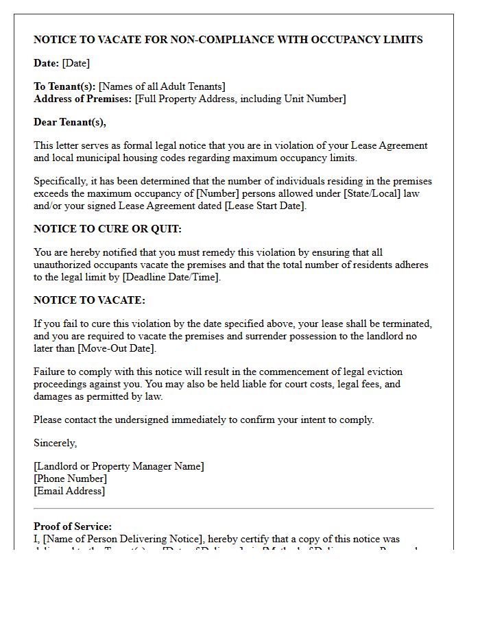 Legal Notice to Vacate Letter for Violating Maximum Occupancy Codes