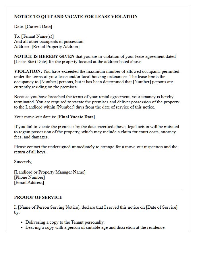 Notice to Quit and Vacate Letter for Exceeding Maximum Allowed Tenants