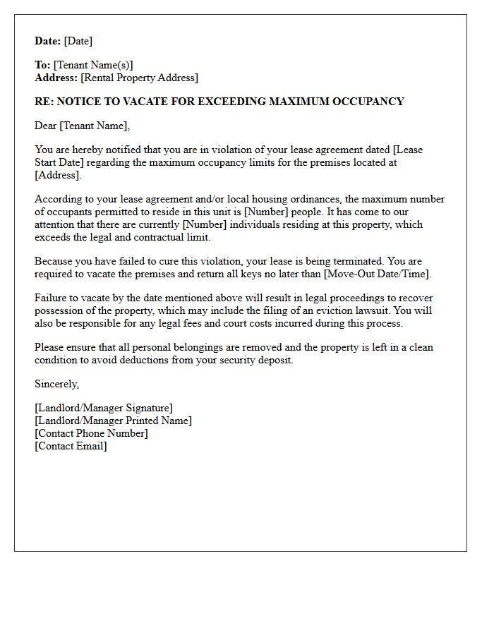 Notice to Vacate for Exceeding Maximum Occupancy Limits Letter