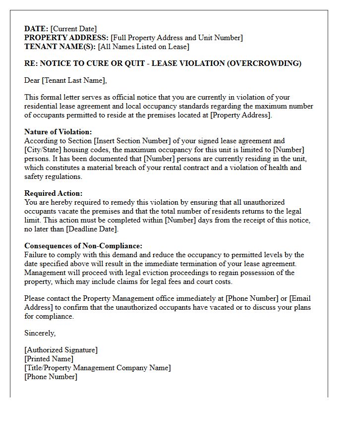 Official Property Management Letter Demanding Vacatur for Overcrowding