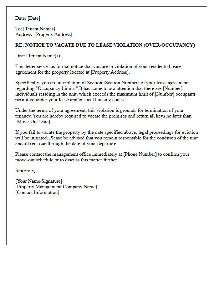 Property Manager Notice Letter to Vacate Due to Over-Occupancy
