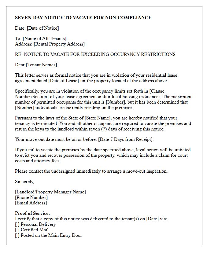 Seven-Day Notice to Vacate Letter for Exceeding Occupancy Restrictions