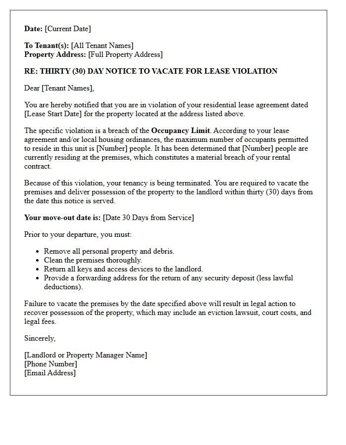 Thirty-Day Notice to Vacate Letter for Occupancy Limit Violation