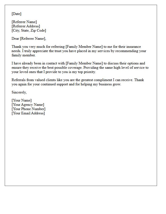 Client Referral Thank You Letter for a Family Member Insurance Inquiry