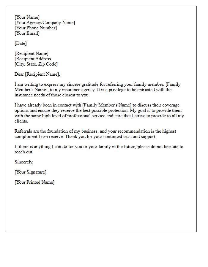 Formal Thank You Letter for Your Family Member Insurance Referral