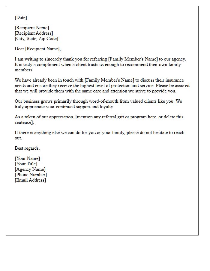 Insurance Agency Gratitude Letter for Your Family Referral