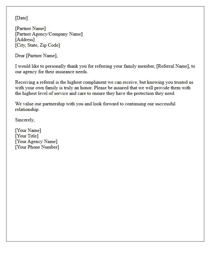 Insurance Partner Letter of Appreciation for a Family Referral