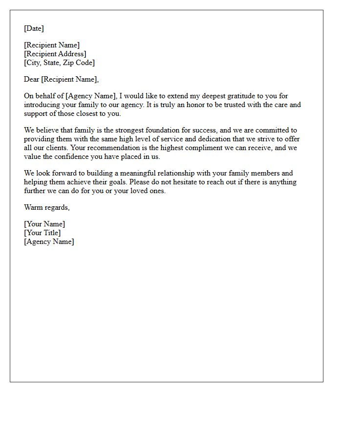 Special Thanks Letter for Connecting Your Family With Our Agency
