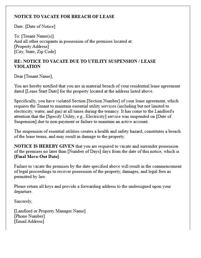 Breach of Lease Notice to Vacate Letter for Utility Suspension