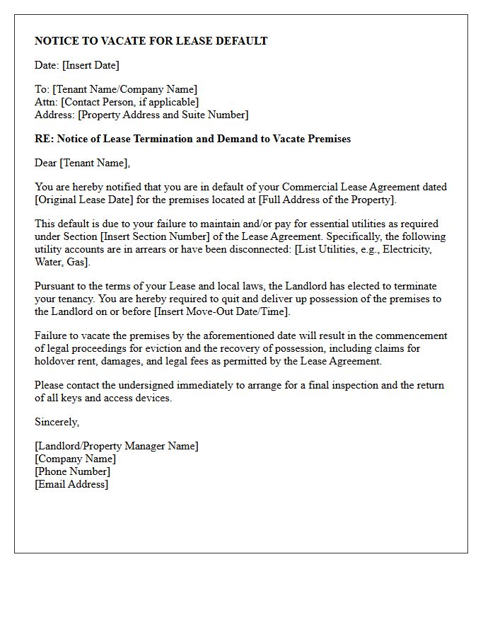 Commercial Lease Notice to Vacate Letter for Utility Default