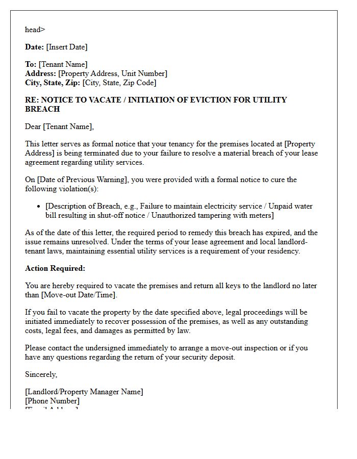 Eviction Initiation Letter for Unresolved Utility Breach