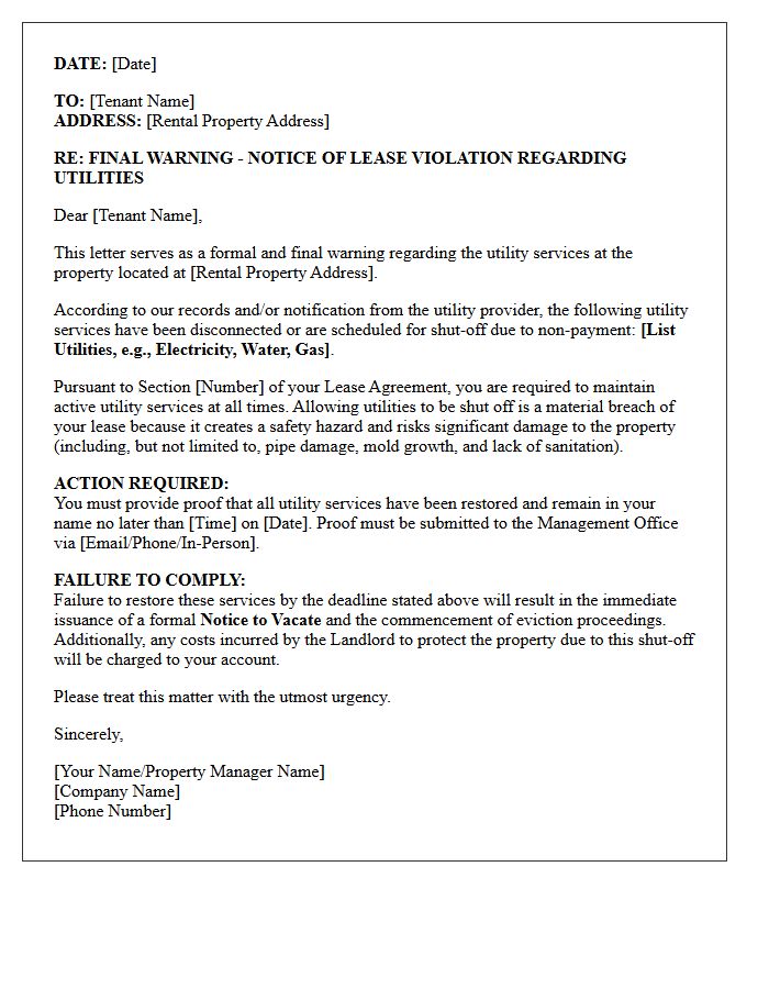 Final Warning Letter Before Notice to Vacate for Utility Shut-Off