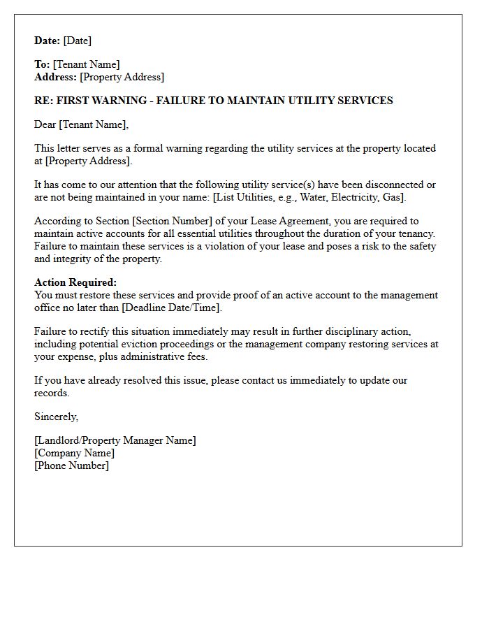 First Warning Letter for Failure to Maintain Utility Services