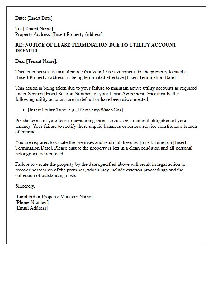Lease Termination Letter Due to Utility Account Default