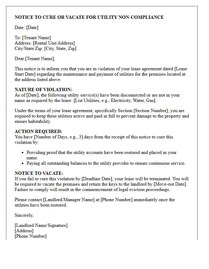 Notice to Cure or Vacate Letter for Utility Non-Compliance