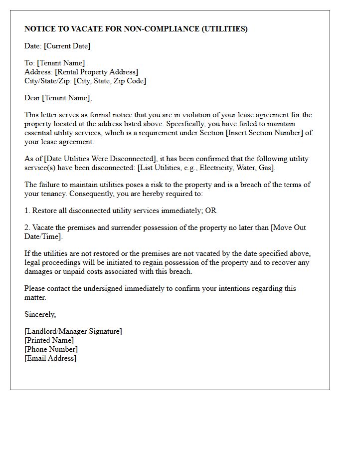 Notice to Vacate Letter for Failure to Maintain Utility Services