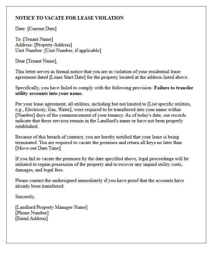 Notice to Vacate Letter for Failure to Transfer Utility Accounts
