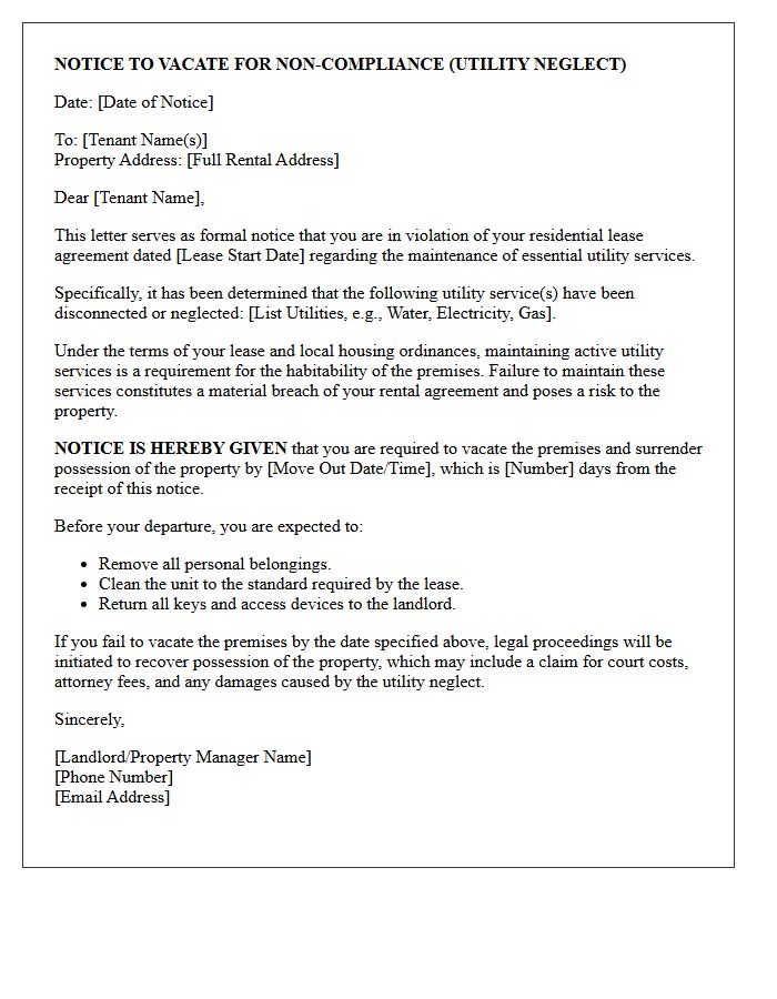 Residential Property Notice to Vacate Letter for Utility Neglect