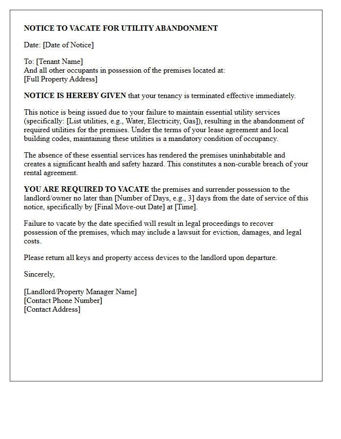 Unconditional Notice to Vacate Letter for Utility Abandonment