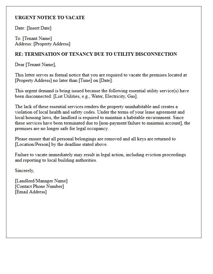 Urgent Notice to Vacate Letter for Utility Disconnection