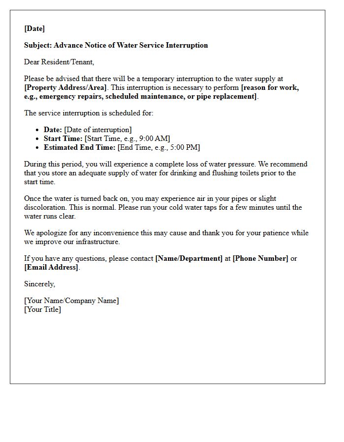 Advance Notice of Water Service Interruption Letter