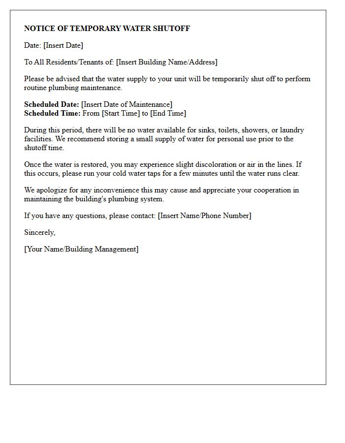 Routine Plumbing Maintenance Water Shutoff Letter