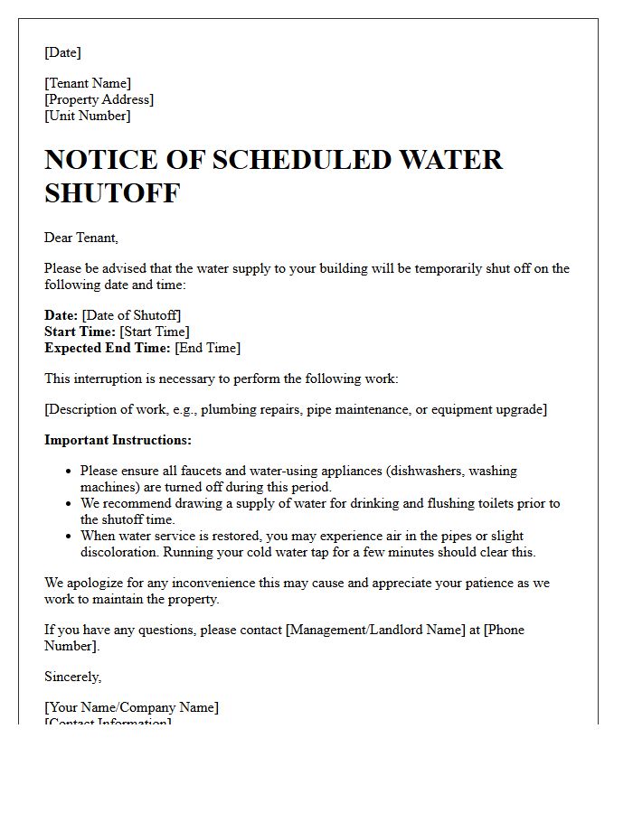 Tenant Notification of Scheduled Water Shutoff Letter