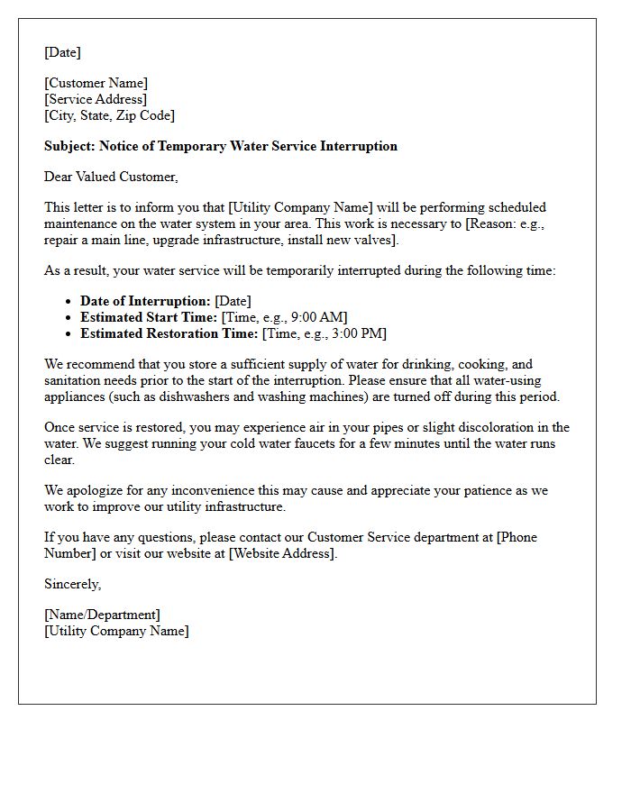 Water Utility Interruption Notification Letter
