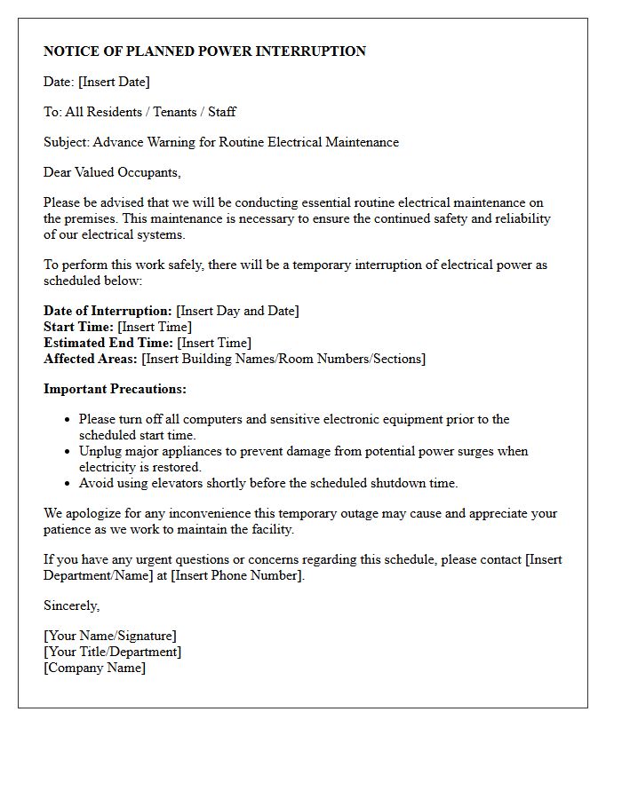 Advance Warning Letter For Routine Electrical Maintenance And Power Interruption