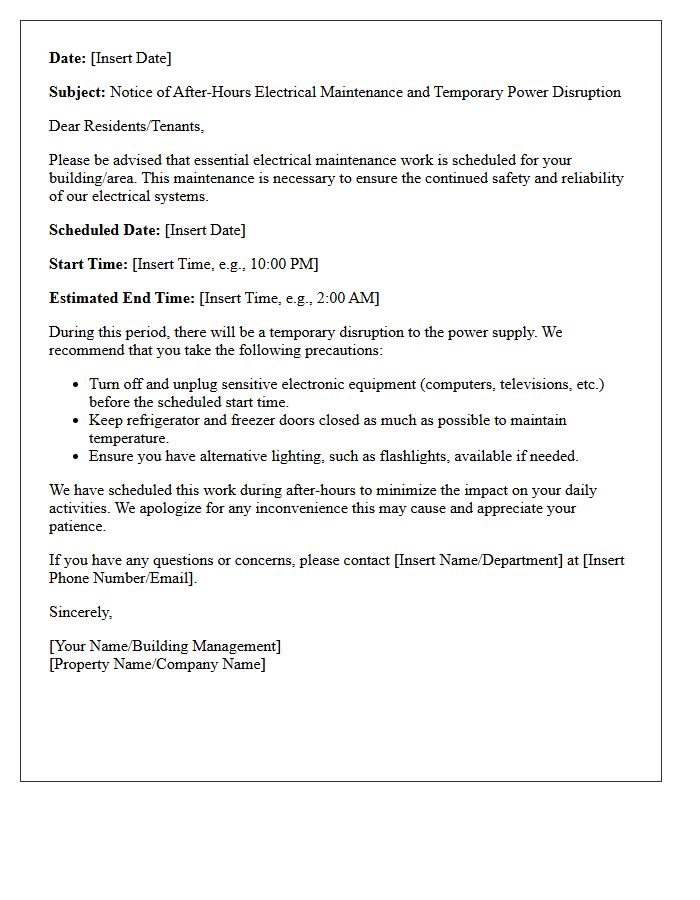 After Hours Electrical Maintenance And Temporary Power Disruption Letter