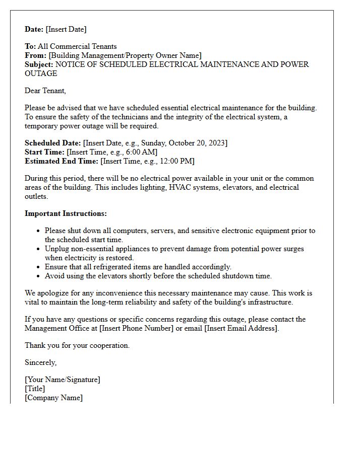 Commercial Tenant Letter For Scheduled Electrical Maintenance And Power Outage