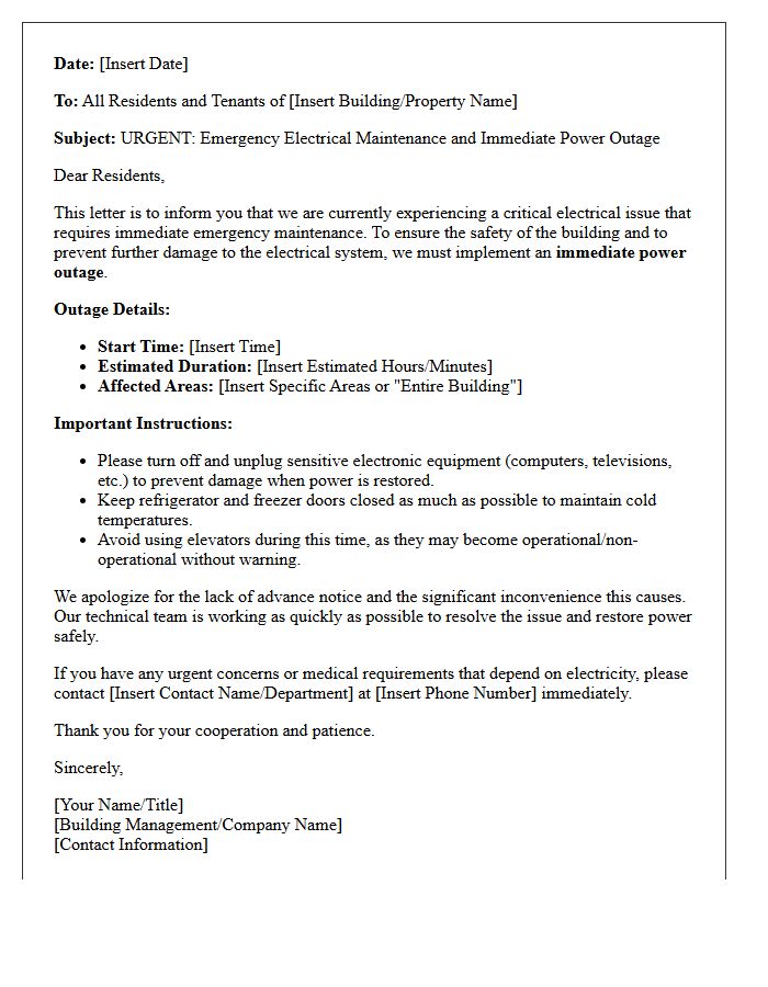 Emergency Electrical Maintenance And Immediate Power Outage Notification Letter