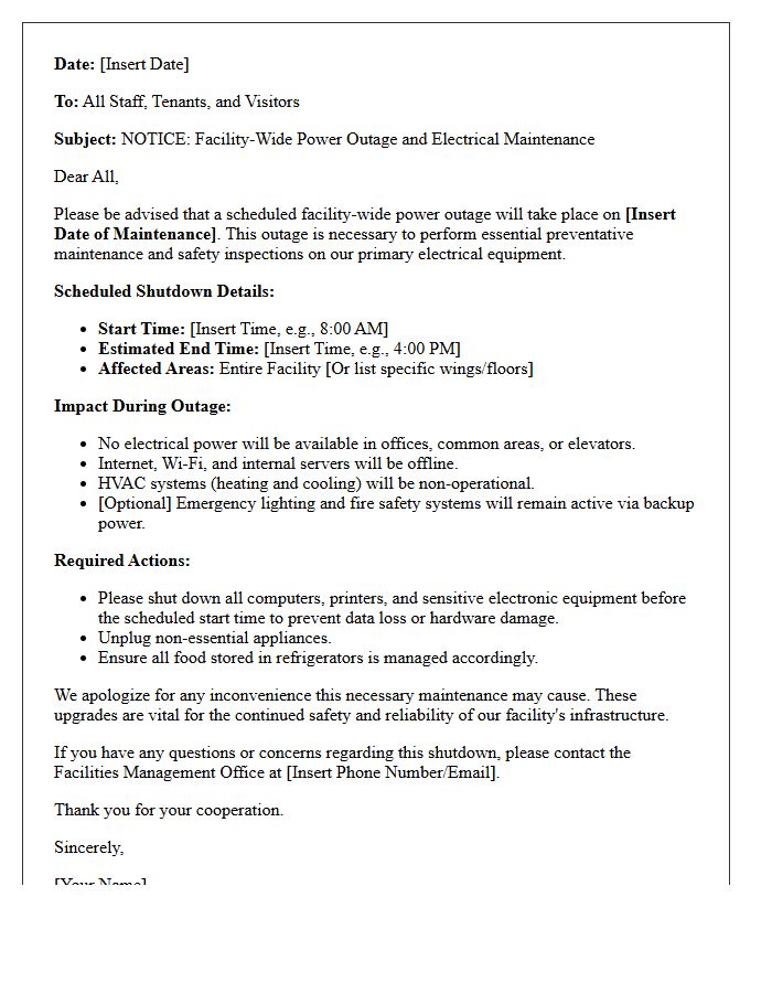 Facility Wide Power Outage And Electrical Equipment Maintenance Letter