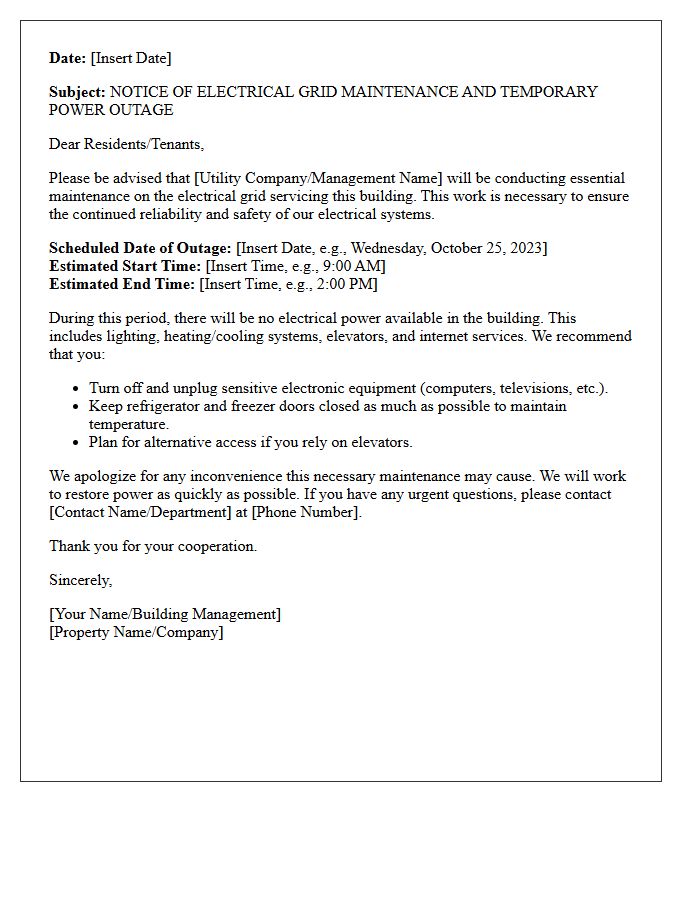 Notice Of Electrical Grid Maintenance And Temporary Building Power Outage Letter