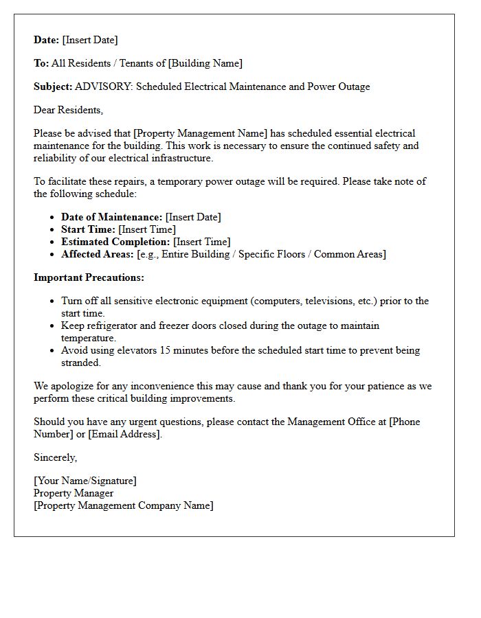 Property Management Advisory Letter For Building Electrical Maintenance And Outage